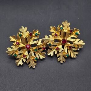 Dodds Gold Tone Snow Flake Earrings Red Green Rhinestones Vintage Christmas